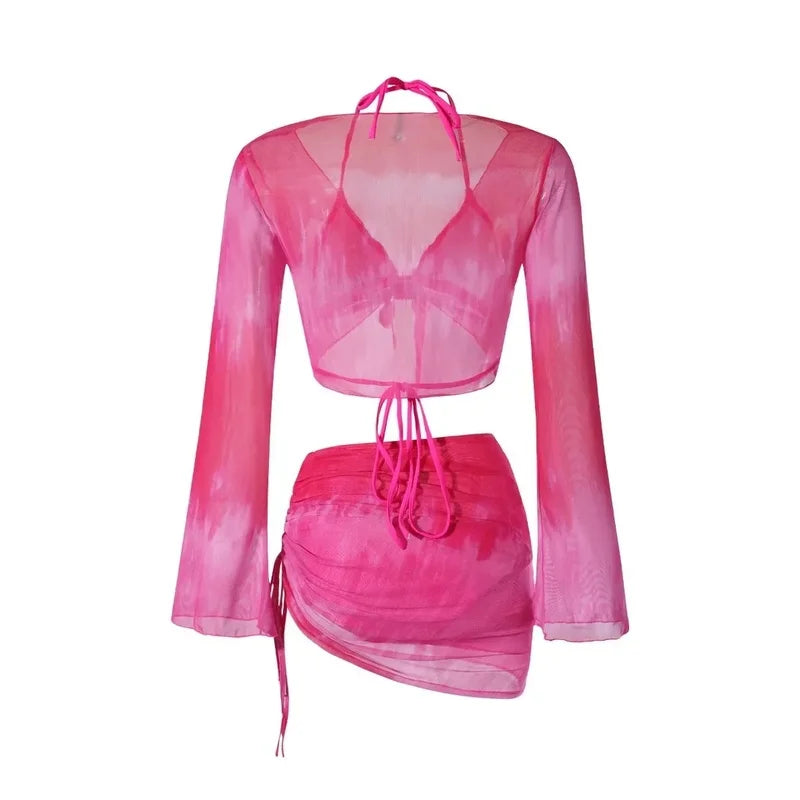 4 Piece Bikini Set Women Blue Tie Dye Mesh Long Sleeve Cover Up with Pleate Skirt Swimsuit Beach Bathing Suit Swimwear