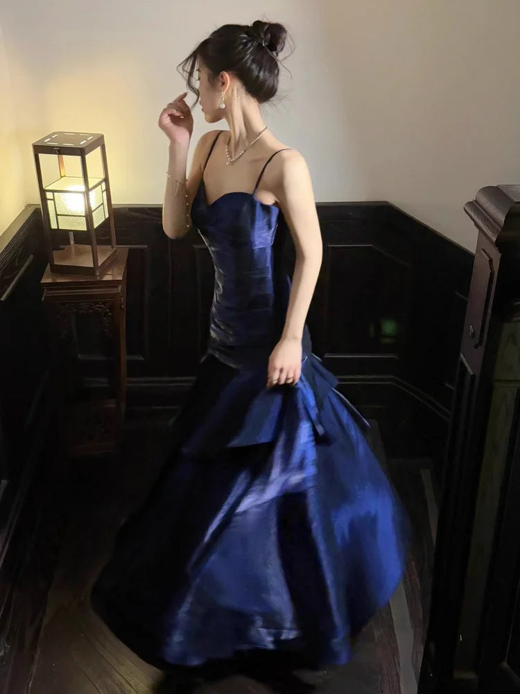 Elegant Romantic Party Women's Spaghetti Strap Dress Female Blue Ruffles Slim Fit Mermaid Dresses Chic Banquet Formal Gown
