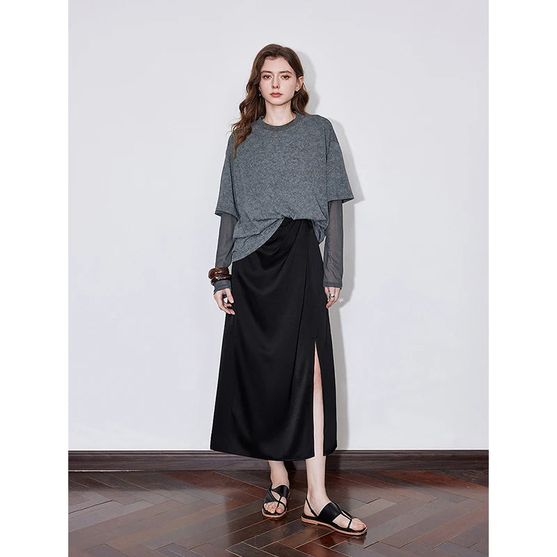 TOYOUTH Women T shirt 2025 Spring New Fake Two Piece Printed Round Neck Fashionable Pullover T shirt