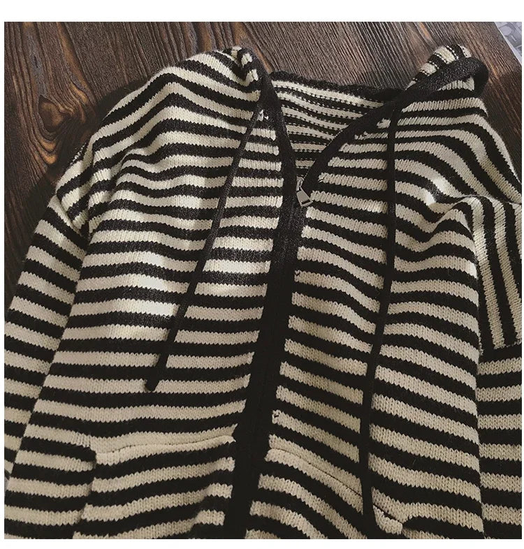 Contrast Color Stripe Hood Knit Cardigan Women Autumn and Winter New Loose Design Sense Long Sleeve Cardigan Sweater Outerwear