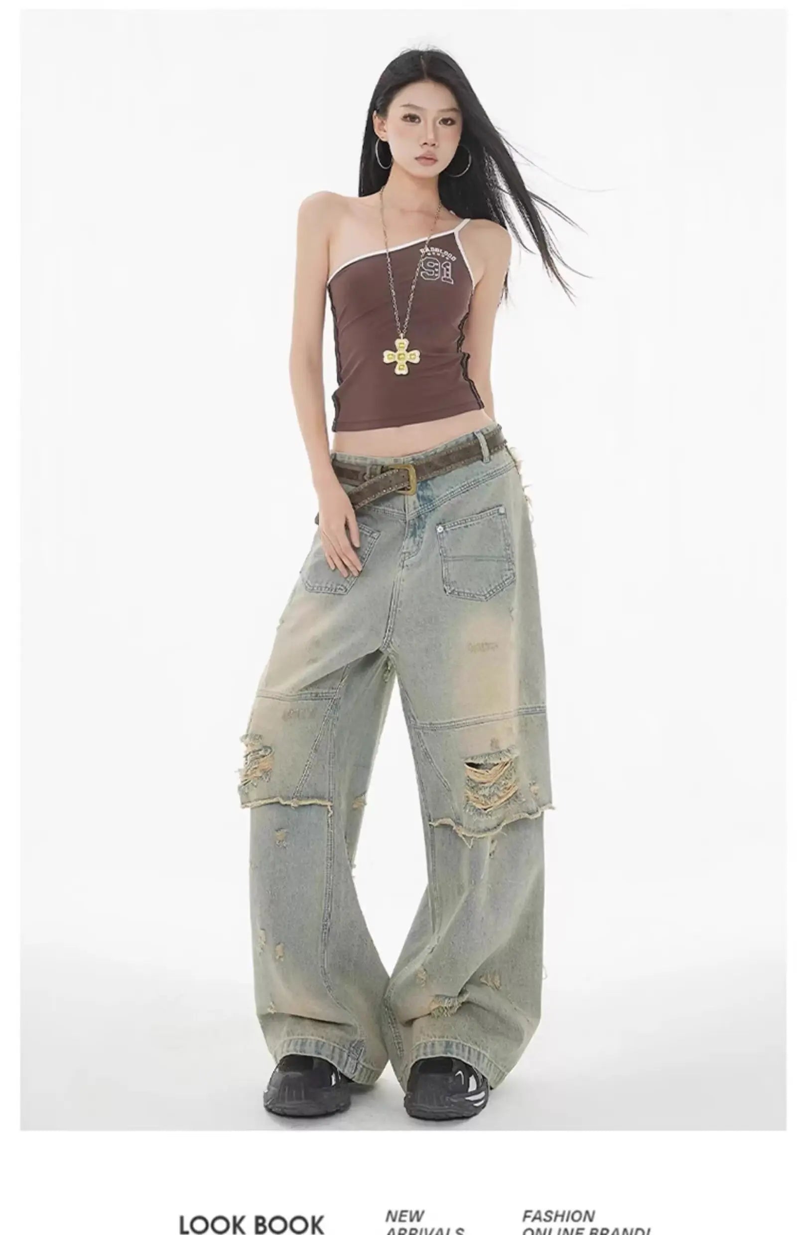 American High Street Wasteland Style Ripped Jeans Spring and Summer Loose Washing and Old Wide-leg Japanese and Korean Baggy