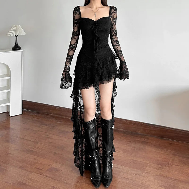 AltGoth Mall Goth Fairycore Dress Women Vintage Aesthetic Elegant Sweet Sexy See Through Irregular Hem High Waist Corset Dress