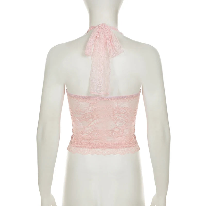 Cuteandpsycho Sexy Lace Patchwork Y2K Camisoles Backless Transparent Slim Outfits Party 90s Vintage Clubwear Halter Neck Tops