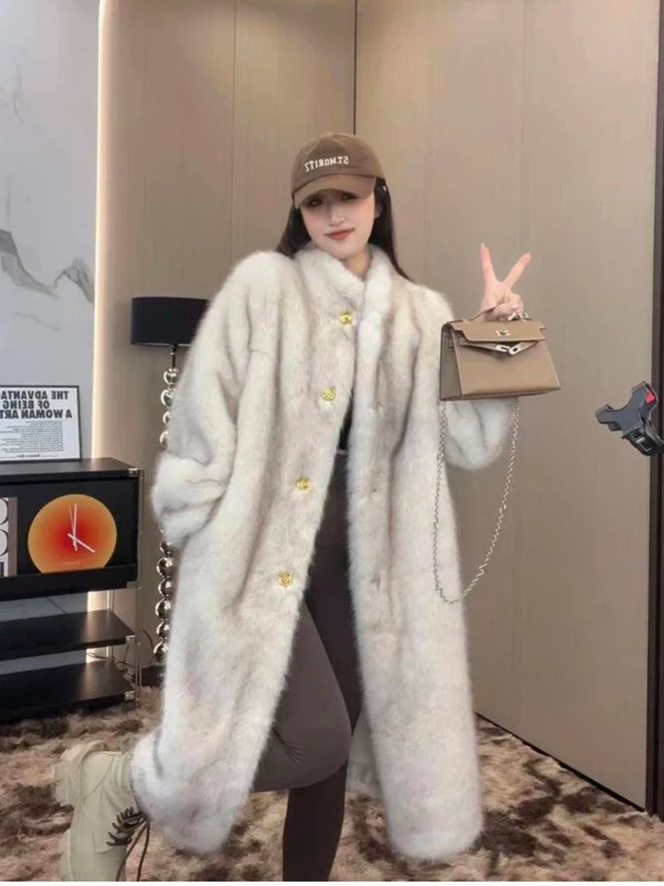 Lautaro Autumn Winter Long Thick Warm Hairy Soft Faux Fox Fur Coat Women Stand Collar Elegant Luxury Chic Fluffy Jacket 2024