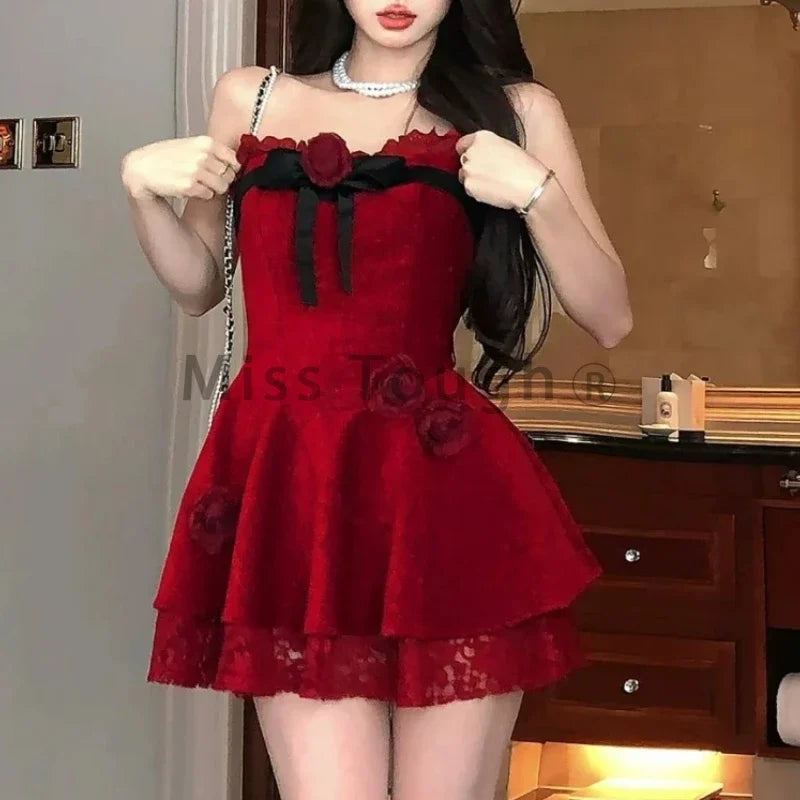 Gothic Y2k Lolita Style One Piece Dress Women Sexy Red Rose Flower Bow Party Mini Dress Japanese Fashion Elegant Dresses 2025
