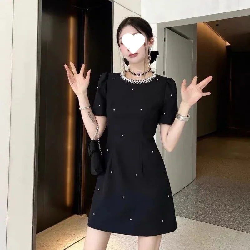 Sweet Elegant round Neck Waist-Cinched Mini Skirt Dress Hepburn Style Beaded New Summer Collection Fashionable Chinese Brand