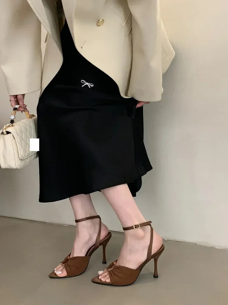 Aneikeh Summer Pointed Toe Thin High Heels Fashion Pleated Metal Buckle Strap Women Sandals Banquet Party Female Mules Shoes