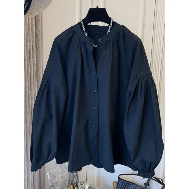 Korean Chic Stand Collar Lantern Sleeve Shirt Casual Loose Design Lazy Shirt Folded Women's Button up Cotton Blend Shirt