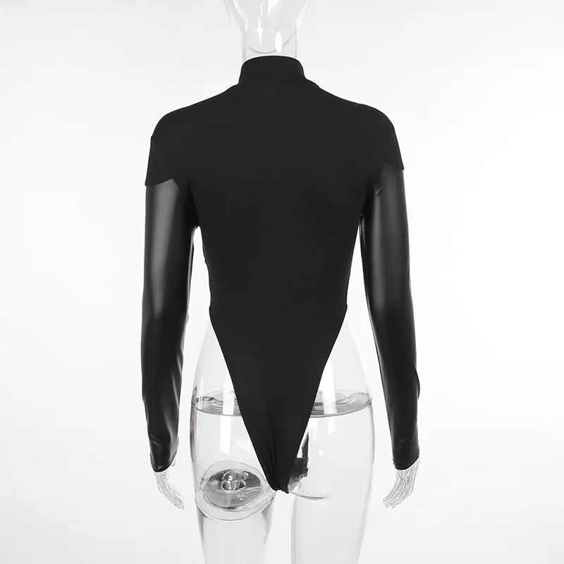 Long Sleeve Bodycon Lenceria Femenina Turtleneck Lingerie Sexy Body Feminino Black Tops Women PU Patchwork One-Pieces Bodysuit