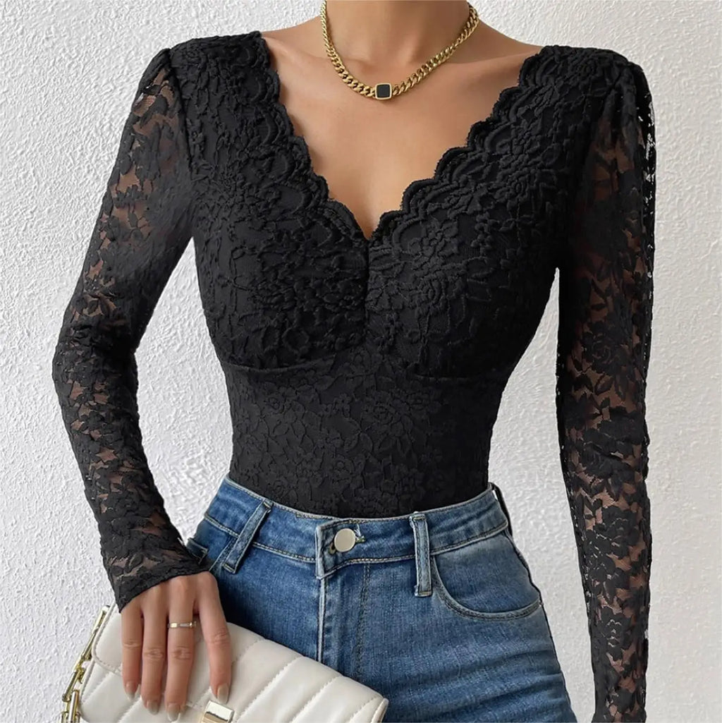 Women Elegant White Lace V-Neck Bodysuits Sexy One Piece Fitted Bodyshaper Jumpsuits Long Sleeves Shapewear Slimming Waist Tops