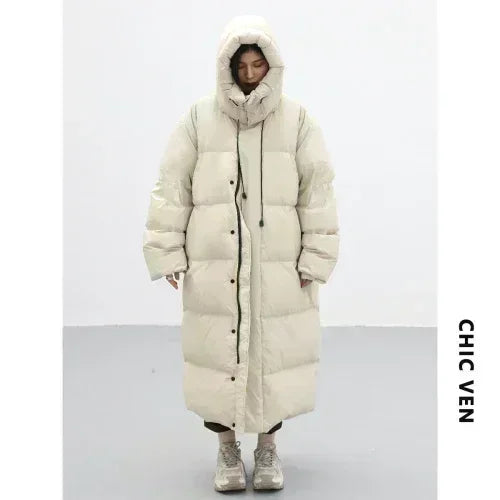CHIC VEN Women's Down Coats Korean Loose Hooded Thick Warm Long Down Jacket Winter Coat for Women Female Parkas Outerwears 2024