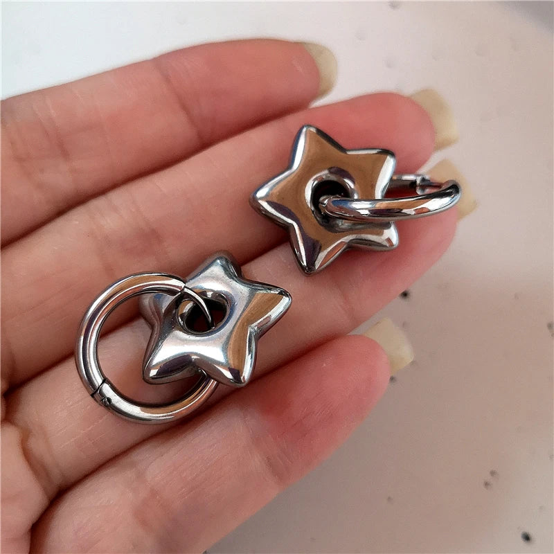 Punk Dangle Edgy Earrings Unique Detachable Stainless Steel Chunky Star Heart Moon Hoop Earrings For Women Men Statement Jewelry