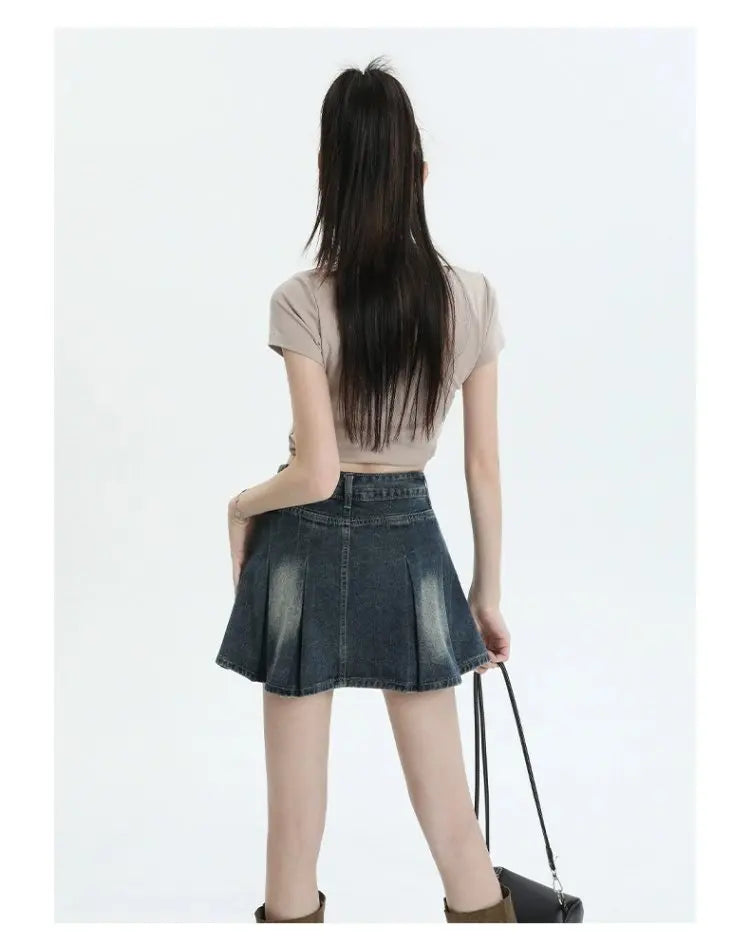 American Sle Versatile High Waist Denim  Skirt Women's Summer New plus Size Pleated Skirt Small Size Slim A-Line ves