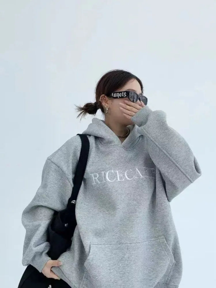 Hikigawa Chic Fashion Floral Embroidery Hoodies Women Coats Autumn Casual Loose All Match Hooded Pullover Outerwear Tops Mujer