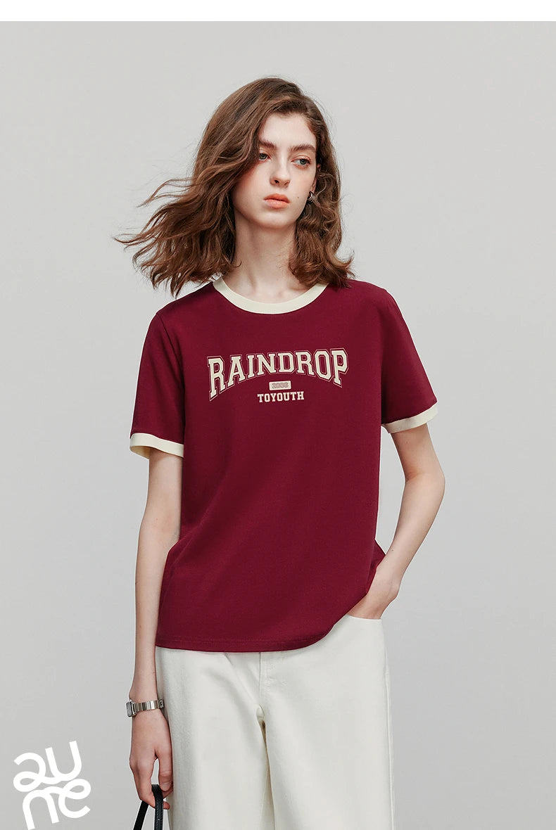 TOYOUTH Women Short Sleeve T shirt 2025 Summer New Color Blocked Letter American Style Antibacterial Cotton Tops GT5210004