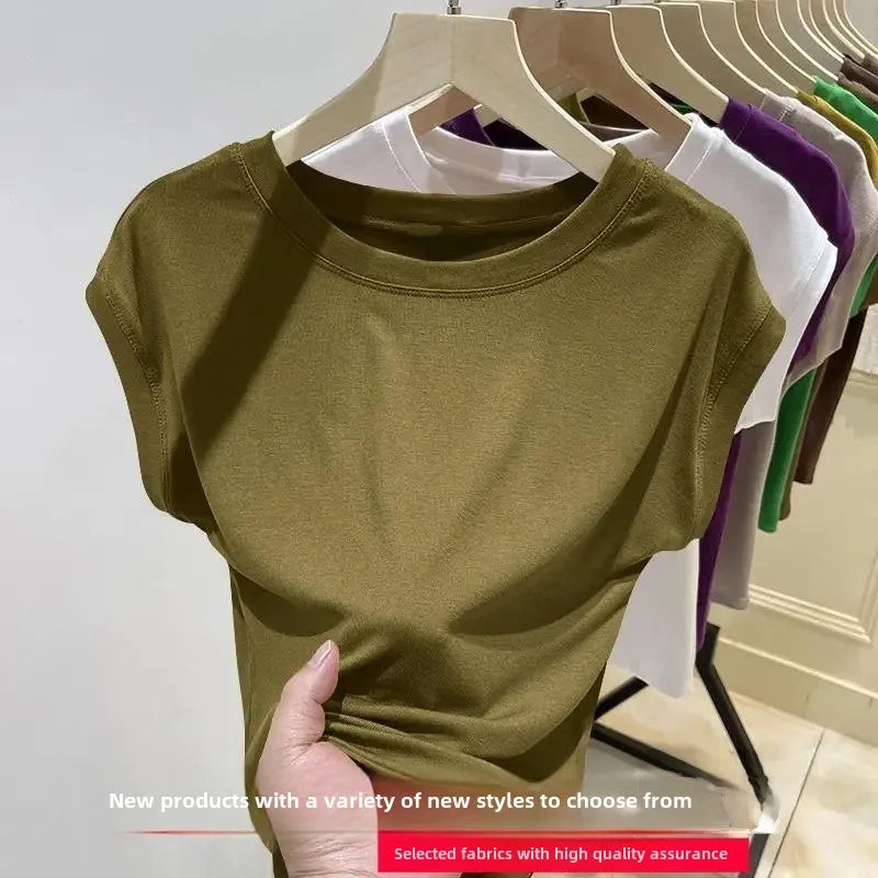 Short Sleeve Ice Silk T-Shirt Women's Loose Fashionable Youthful Small Flying Sleeve Top Knitted Crew Neck Other Pattern Types