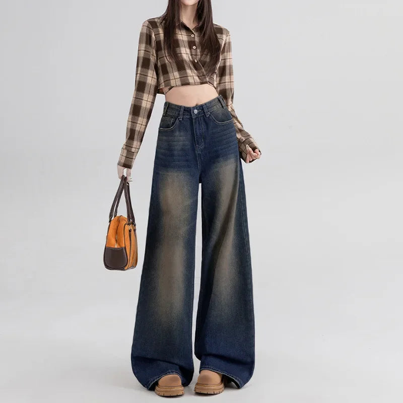 Slimming Wide Leg Straight Leg Jeans Women's Spring Autumn Winter New Style Washed Korean Version Commute Floor-Length Denim Pan