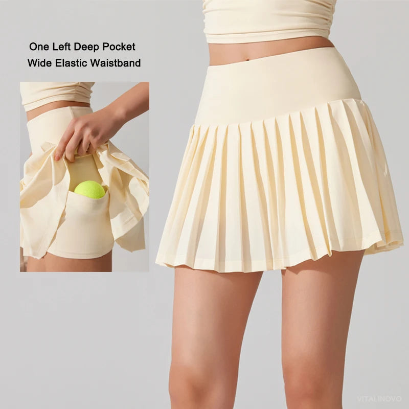 VITALINOVO Pleated Tennis Skirt for Women with Pocket Shorts Women's High Waisted Lightweight Athletic Golf Skorts Skirts Flowy