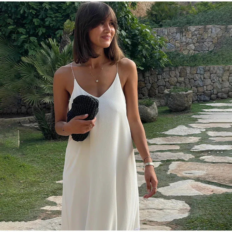 Elegant Women's Solid Backless Pleated Dress Fashion Patchwork Sleeveless Backless Long Dresses Lady Summer Holiday Beach Robes