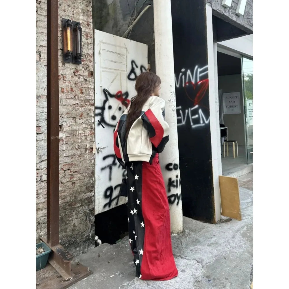 2025 Fall Winter Y2K Sweet Grunge Star Print PU Leather Patchwork Jeans Women Oversized Baggy Streetwear Wide Leg Pants