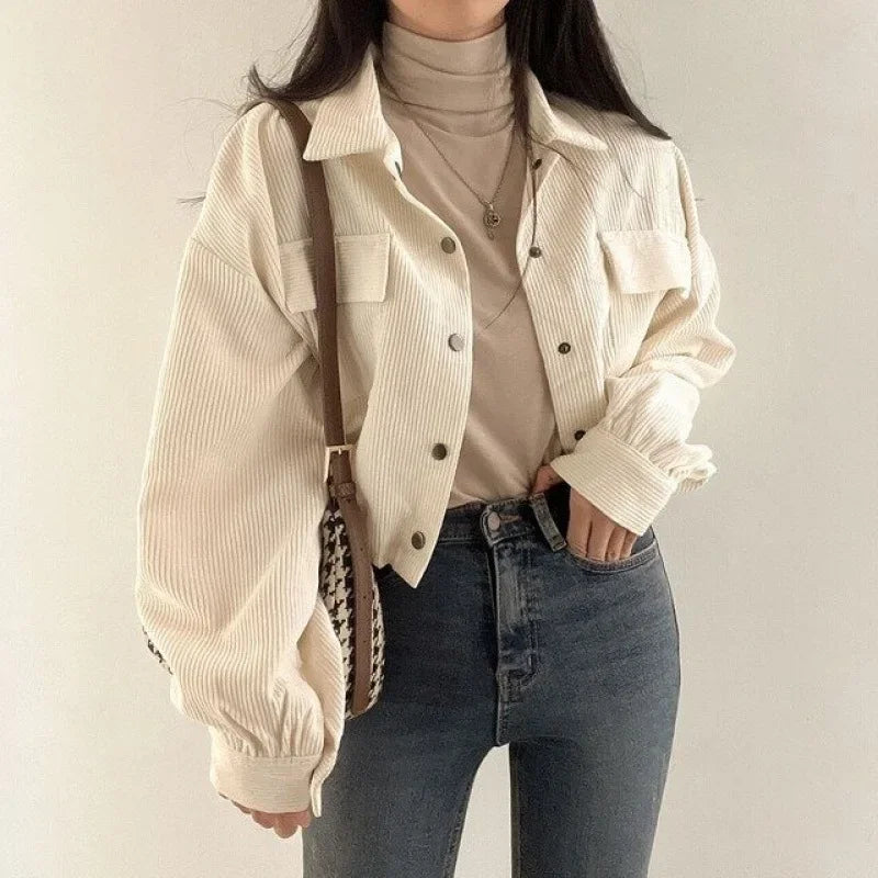 Chic Korean Vintage Simple Lapel Cropped Long Sleeve Shirt Top Corduroy Loose Fit Jacket For Women New Model 2023