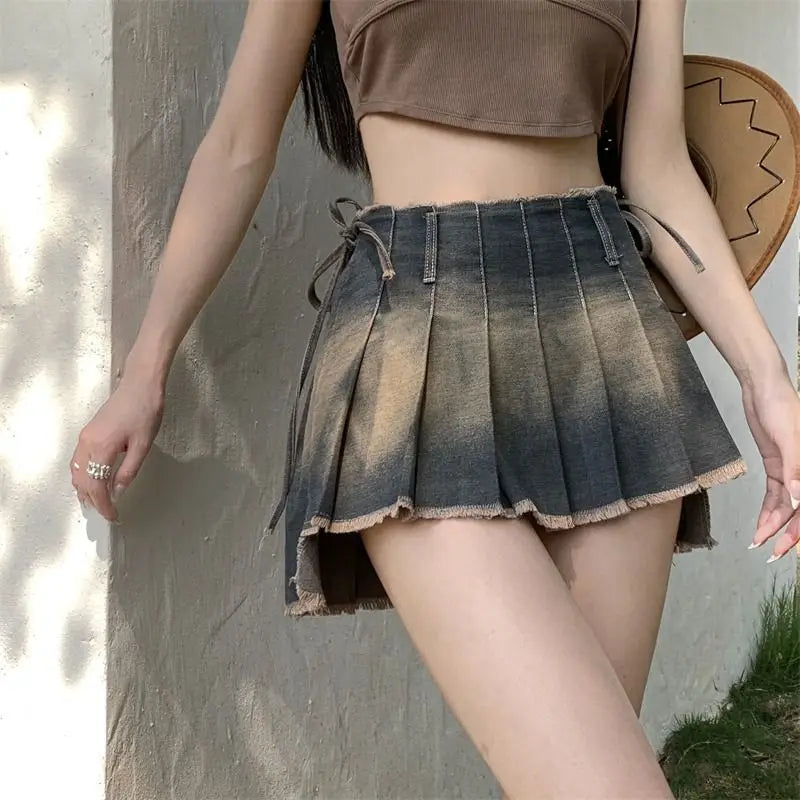 Mini Pleated Denim Skirts for women Bandage Skirts, Korean Chic fashion Female streetwear, casual tender basic Hotsweet Summer