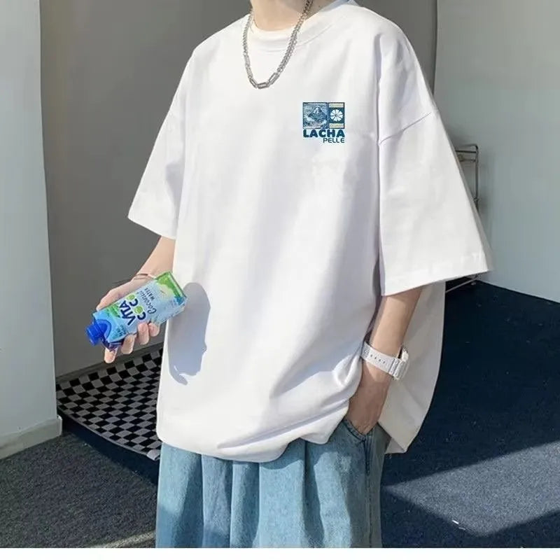 8XL Korean Loose Fitting T-shirt Fashion American Japanese Fuji Printed T-shirt with Soft Men Versatile Double Outfi