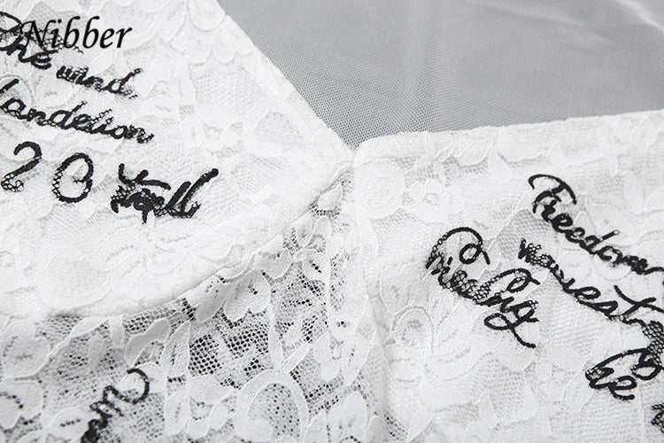 Nibber Lace up Woman Letter Print Bodysuits U Collar Hollow Out Long Sleeves Skinny Mesh Look Slimmer Korean Hottie Outfits