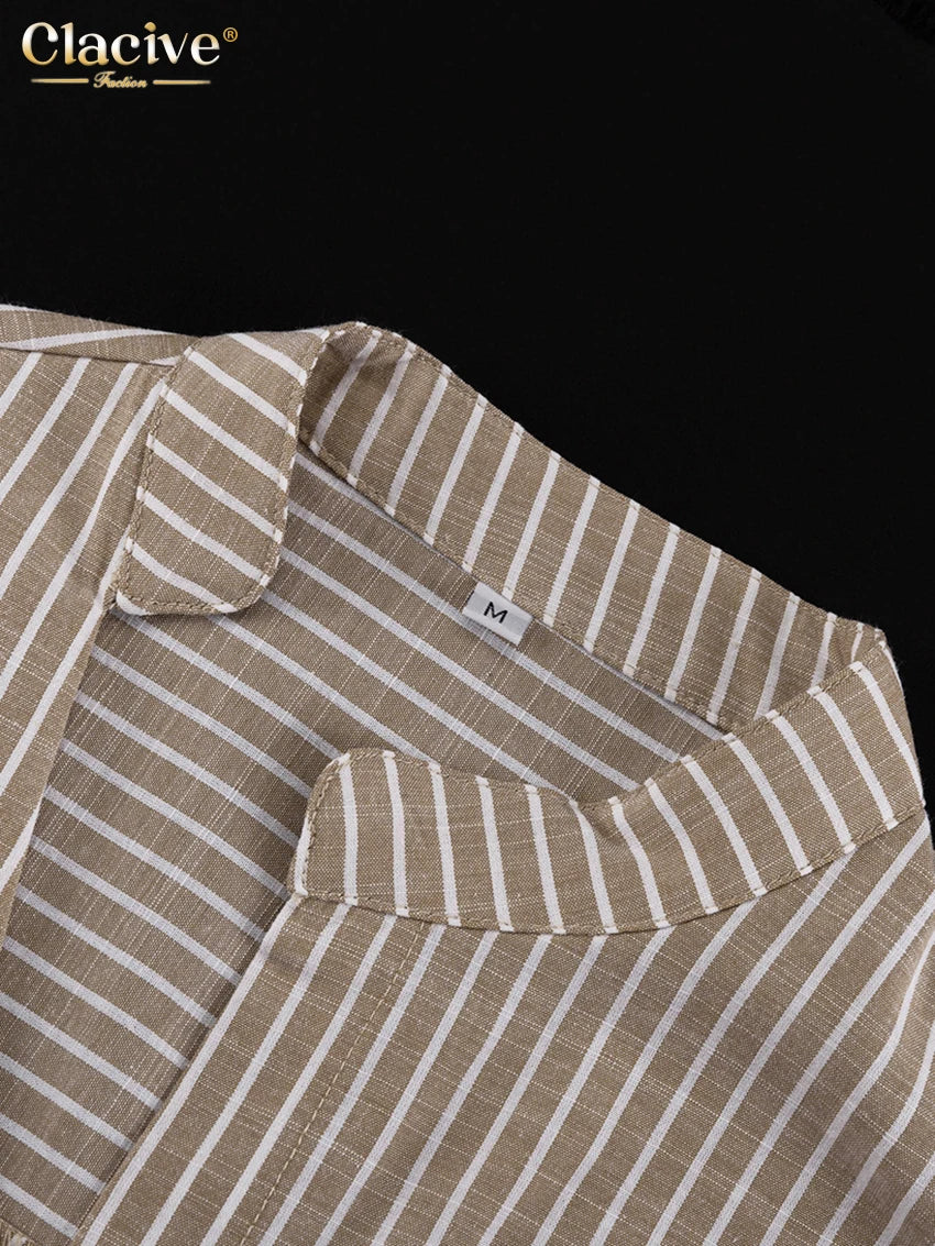 Clacive Vintage Loose Brown Stripe Women Shirts 2025 Fashion Stand Collar Long Sleeve Shirt Elegant Classic Top Female Clothing