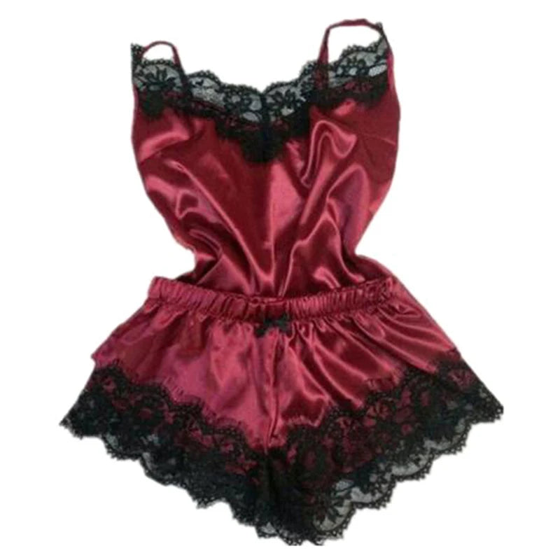 Fashion Nightwear Lace Trim Satin Cami Top Pajama Sets Sexy Hot Erotic Home Wear Women Pajamas Women Sleepwear Sleeveless Strap