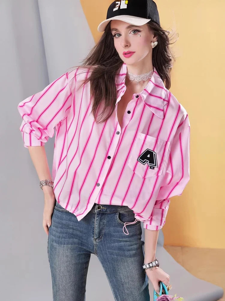 Women’s Cropped Loose Fit Striped Shirt with Letter Patch, Casual Button Down Blouse, Pink Streetwear Long Sleeve Top