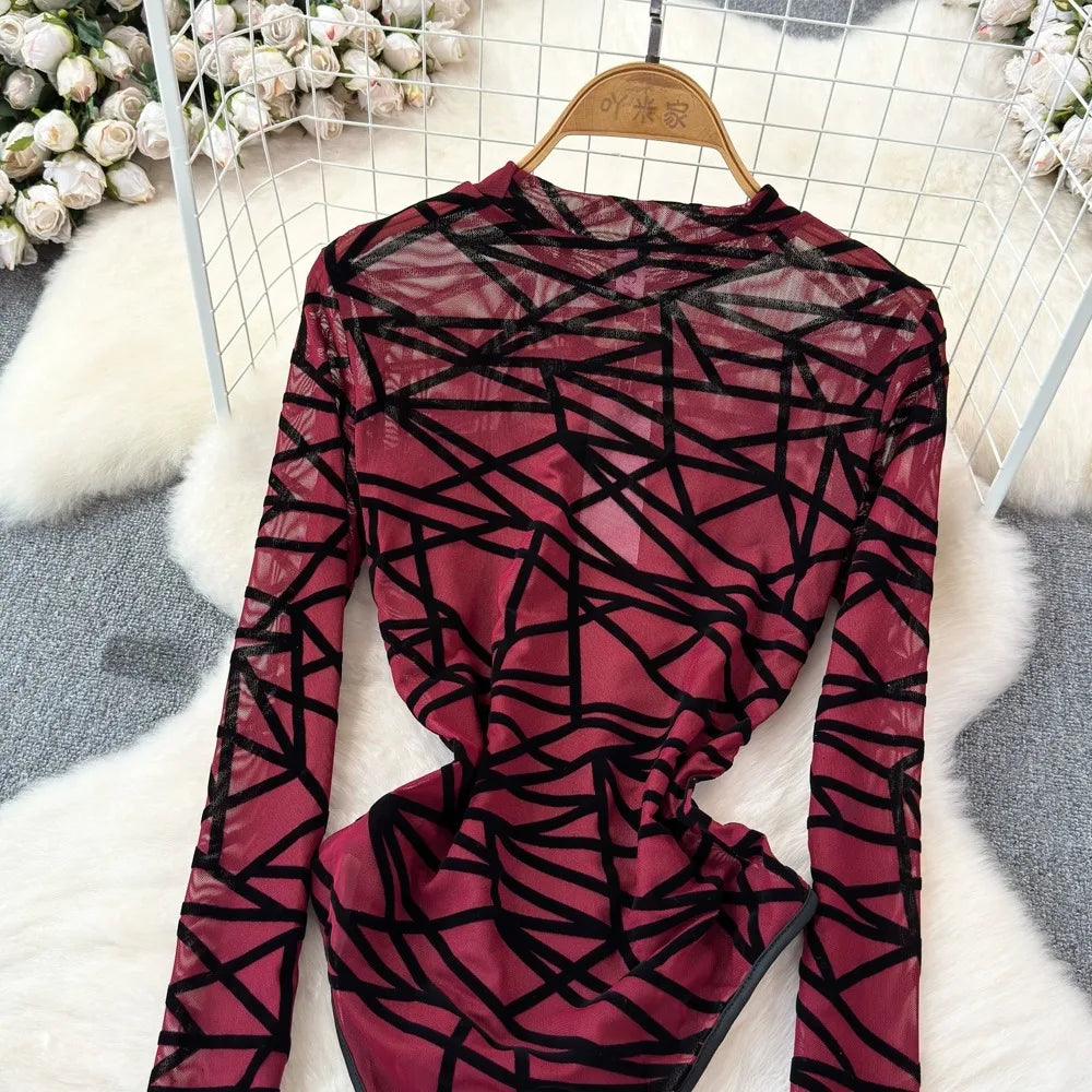 Foamlina Sexy Hollow Out Mesh Bodysuits for Women Fashion Striped Print Stand Collar Long Sleeve Slim Fit Club Party Jumpsuits