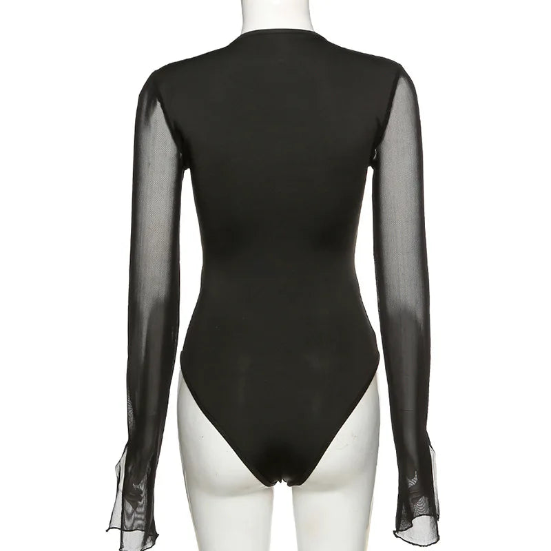 Woman's Bodysuits Summer Solid Color Long Sleeve Splice Sexy hollow-out Fashion Woman Bodysuits Dropshipping YMEK20K09854