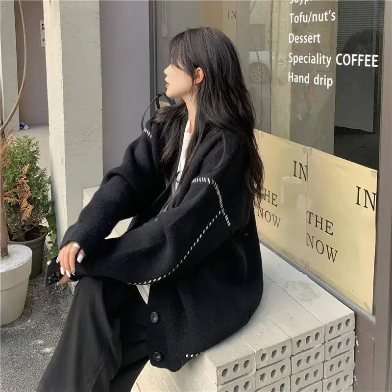 Autumn and Winter Lazy Style V-neck Knitted Sweater Cardigan Women Korean Version Loose Casual All-match Sweater Cardigan Coat