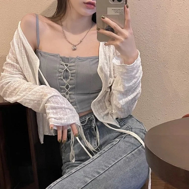 Women's Knitted Summer Top Thin Short Sleeve Bow Design Korean Cardigan Fashion Casual Solid Color Sun Protection Y2k Blouse