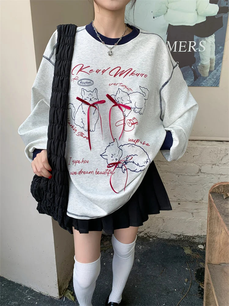 Ele Loose Long Sve Hoodie Women's Faion Design  Knot Print Top Trendy Autumn New Sle Korean System