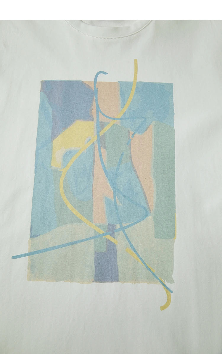 Amii Minimalist Summer T-shirt Women Irregular Design Tops Casual O-neck Abstract Print Loose Dropped Shoulder T-shirt 12522081