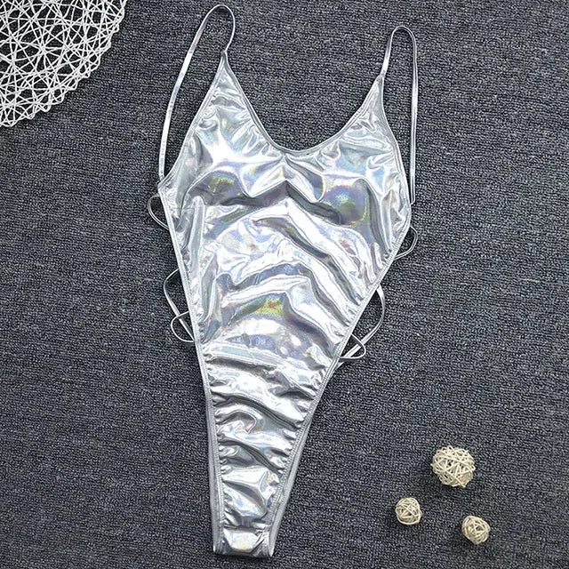 2025 Sexy Sparkling Shiny Women Swimwear One Piece Swimsuit Female High Cut Monokini Backless Bather Bathing Suit Swim Bodysuit