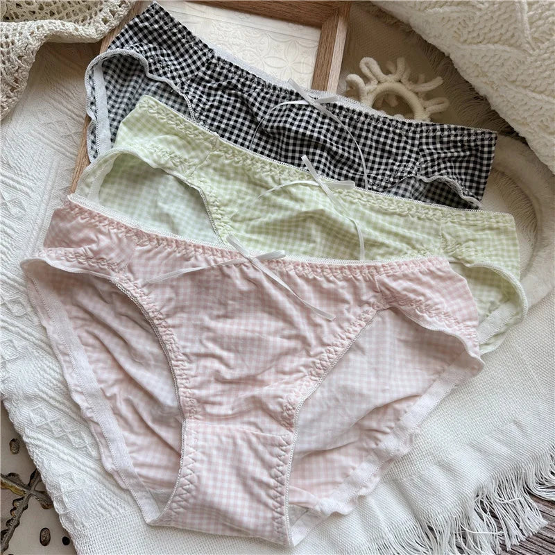 SP&CITY Dot Patterned Ice Silk Cute Women's Panties Ow Waist Cartoon Printed Sweet Plaid Ruffle Underwear Female Seamless Briefs