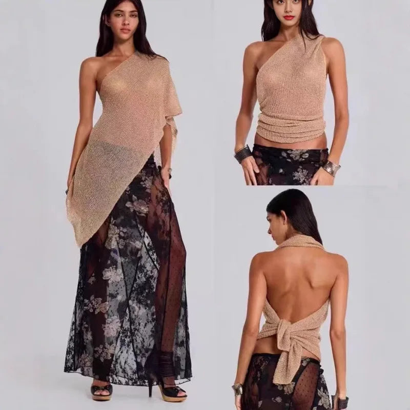 JadedLondon golden knitted hollowed-out one-piece top, neckband shawl, multiple ways to wear, vacation style halter top