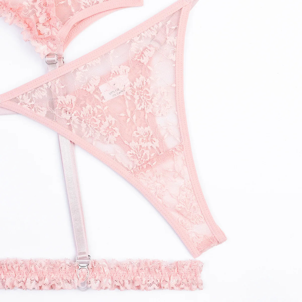 Sheer Pink Lingerie Set Frilled Lace Bralette Transparent High Waist Panty Garter Belt Bridal Romantic Seductive Underwear Women