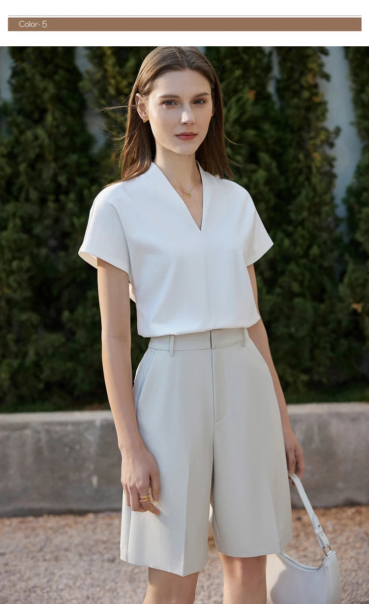 AMII Minimalism 2023 Summer Women's T-shirt Classic Style Casual V-neck Short Sleeve Solid Stretch Female Tops & Tees 12312013