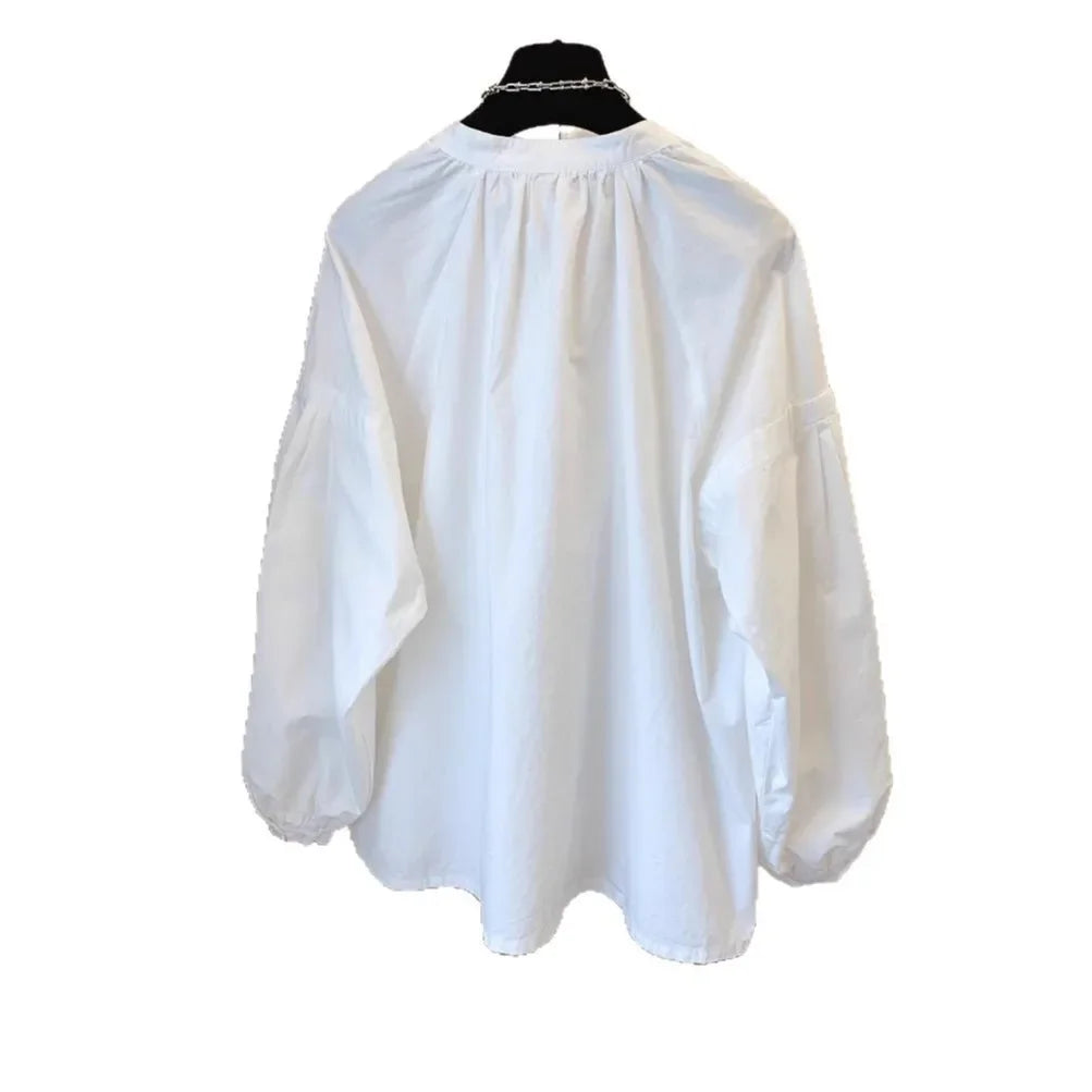 Korean Chic Stand Collar Lantern Sleeve Shirt Casual Loose Design Lazy Shirt Folded Women's Button up Cotton Blend Shirt