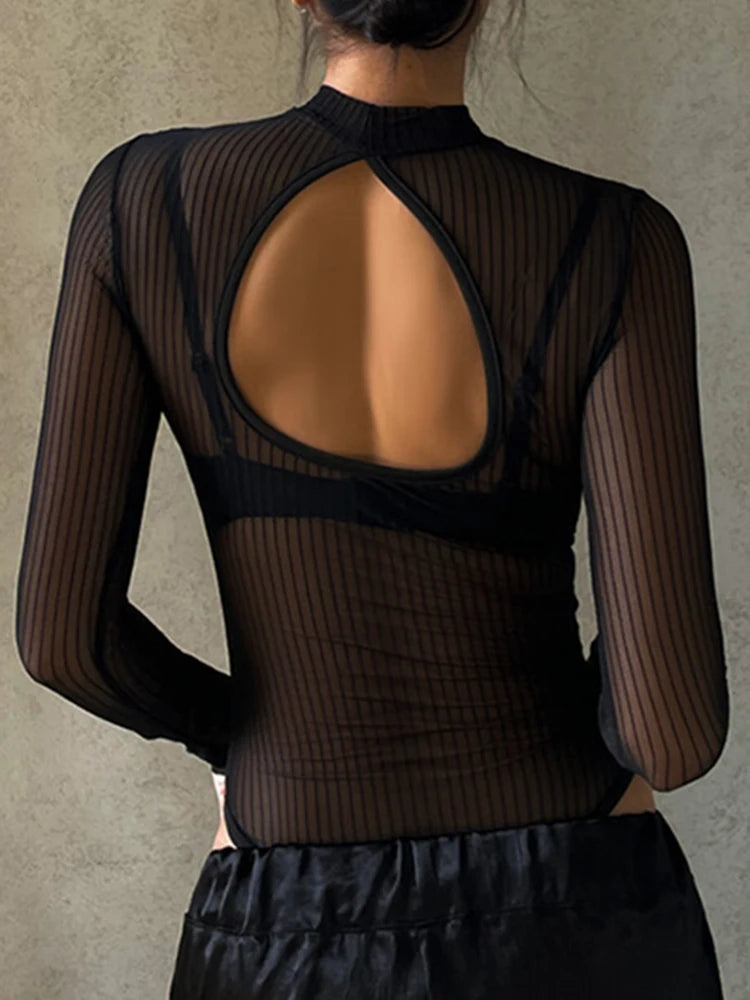 SUCHCUTE Sexy See Though Women T-shirts Gothic Mesh Black Long Sleeve Skinny Bodysuit Dark Fashion Hollow Out Backless Playsuit