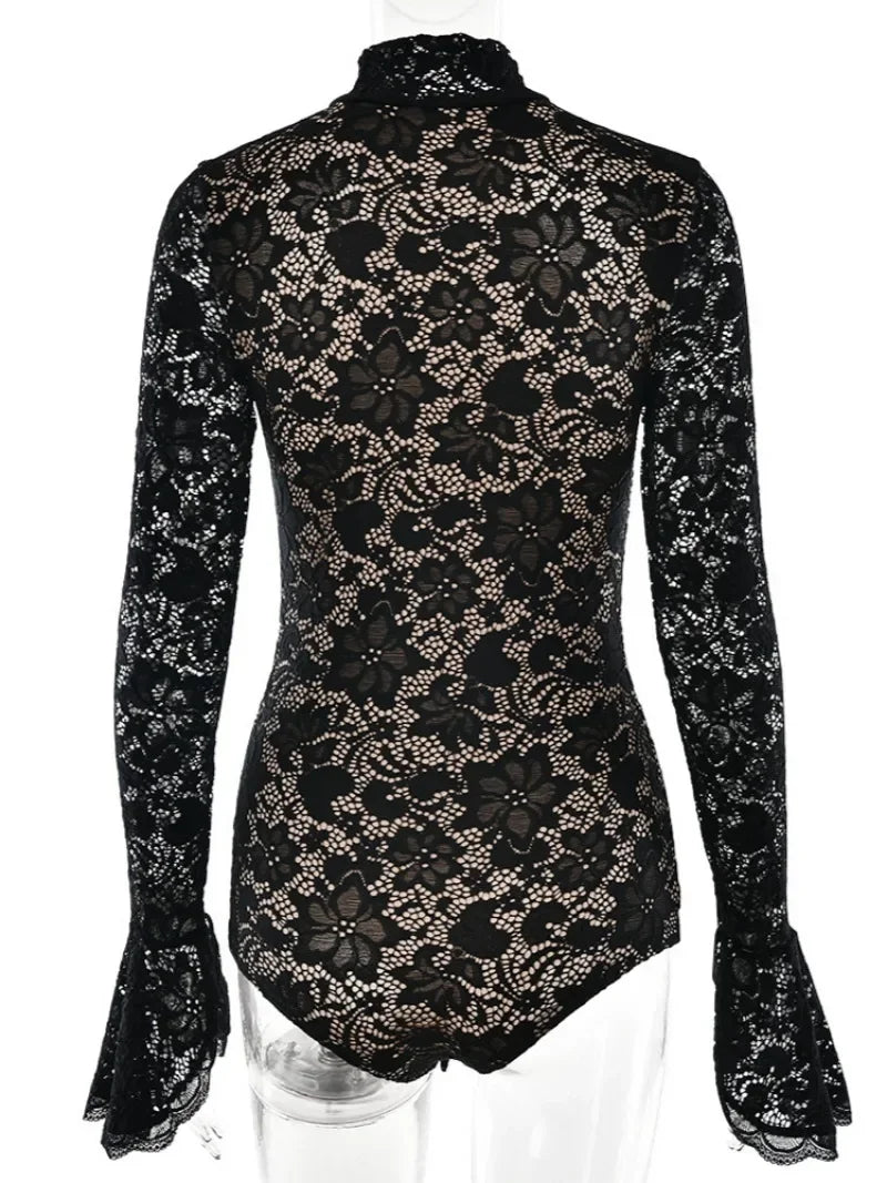 Women's Hollow Out Flare Sleeve Lace Bodysuit 2025 Female Elegant One Piece Black Tights Tops Evening Party Jumpsuit Clubwear