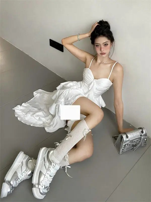 2025 Elegant Ruffle Hem High Low Dress Womens Sleeveless Spaghetti Strap White Gothic Vintage Fairycore Aesthetic Midi Dress