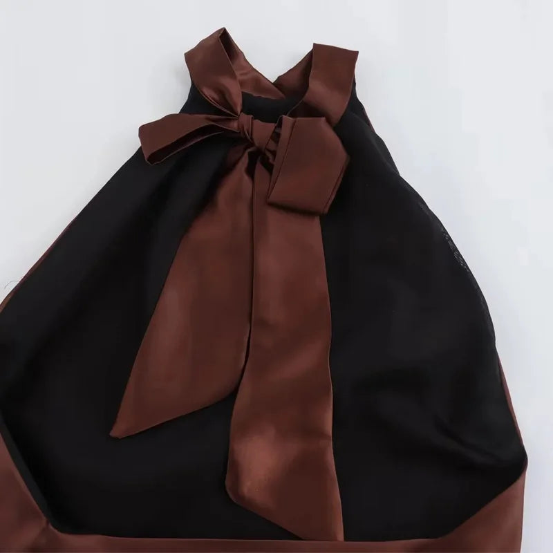 TRAF Halter Satin Long Dress Women Tied Backless Brown Midi Dress Summer Off Shoulder Party Dresses Pleated Evening Dress