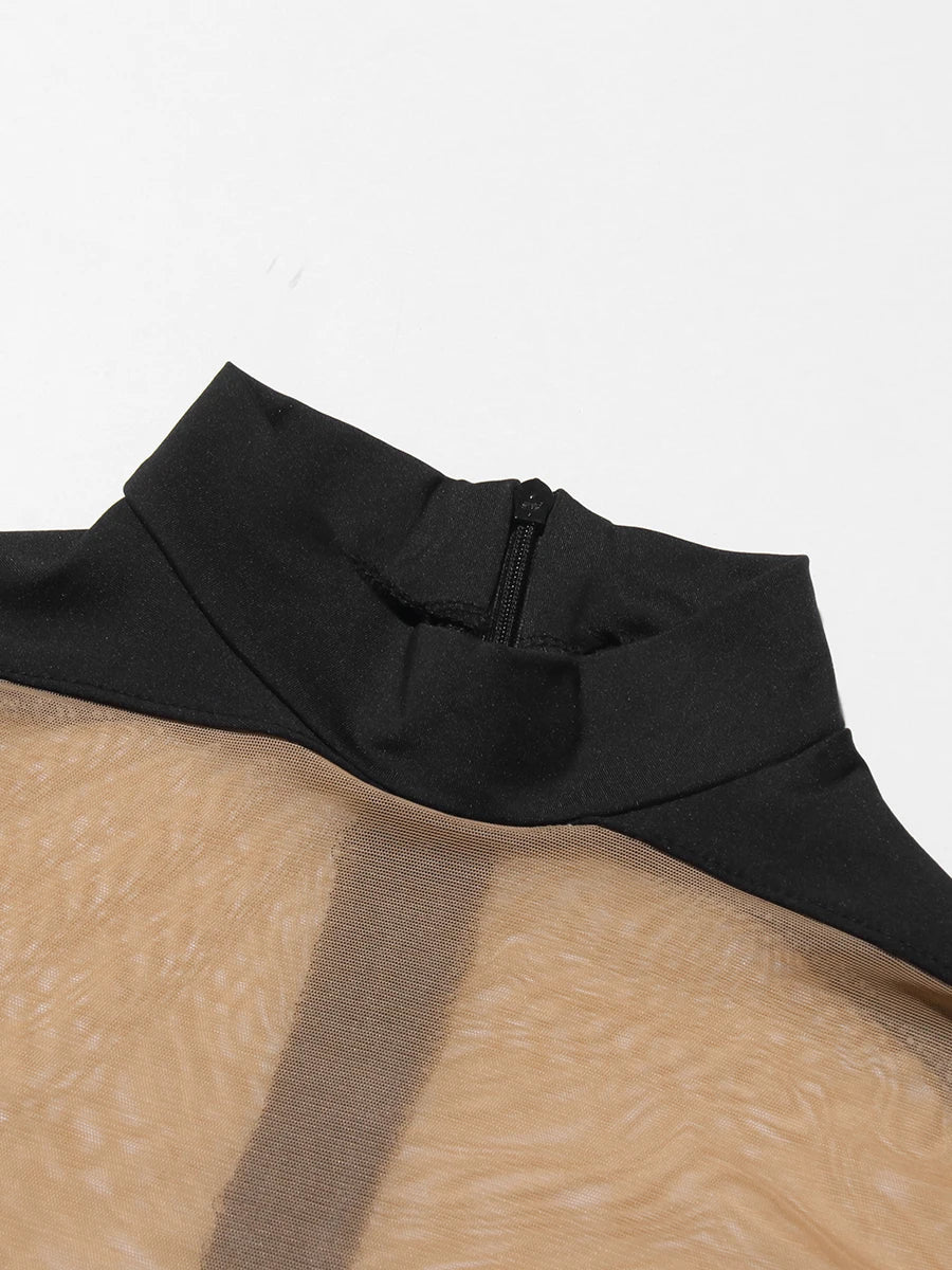 CHICEVER Sexy See Through Jumpsuit for Women Stand Collar Long Sleeve Colorblock Hot Girl Style Playsuit Female Summer Clothing