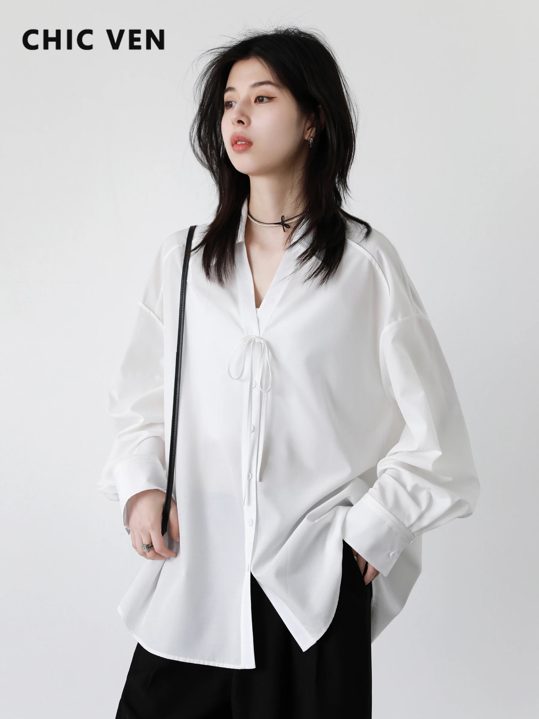 CHIC VEN Women Shirt Loose Casual Solid New Lapel Tie Design Sun Protection Blouses Long Sleeved Female Coat Summer 2025