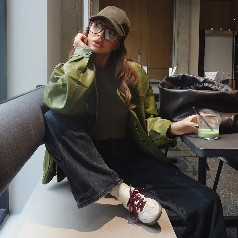 Fashion Green PU Leather Jacket Women Laple Zipper Loose Full Sleeve Single Breasted Cropped Coat 2024 New Lady Solid Streetwear